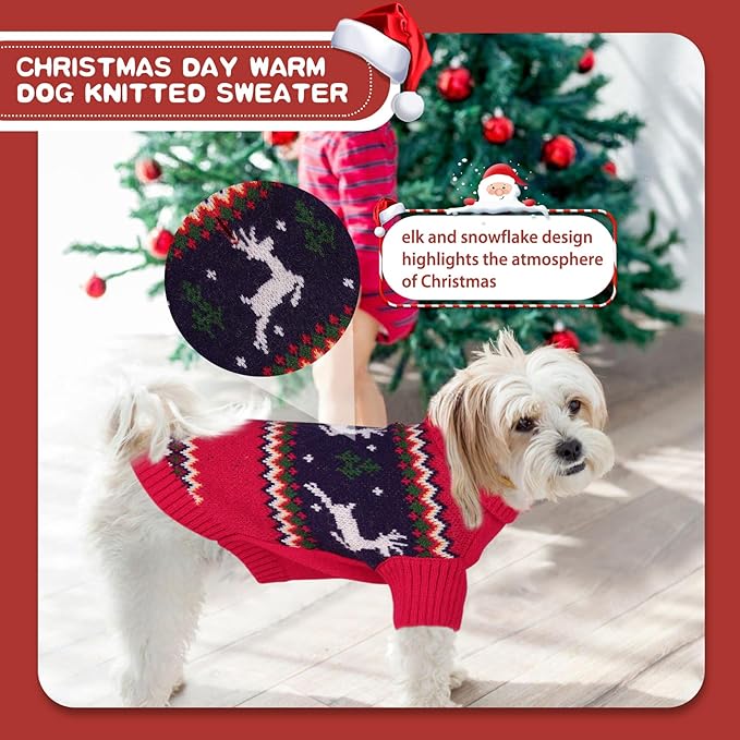 Queenmore Christmas Sweater, Knitted Pullover Turtleneck Outfit for Dogs, Warm Clothes for Small Boys or Girls XS