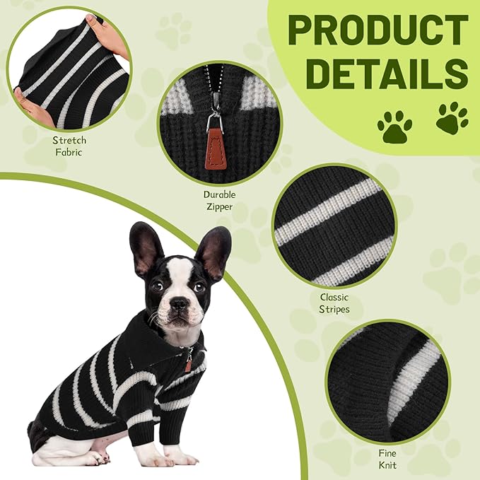 Small Dog Sweater with Zipper, Knitted Striped Pullover Dog Clothes for Cold Weather, Thick Warm Cozy Stretchy Sweater for Chihuahua, Bulldog, Dachshund, Pug(Black & White Strip, M)