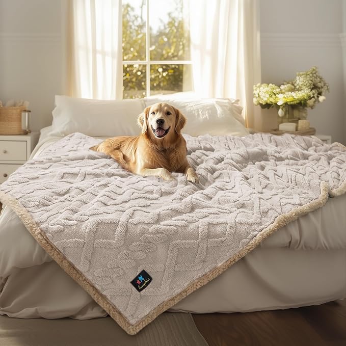 Waterproof Pet Blanket, Liquid Pee Proof Dog Blankets for Sofa Bed Couch, Reversible Sherpa Fleece Furniture Protector Cover for Small Medium Large Dogs Cats,Beige-Thicken X-Large（85" x 57"）