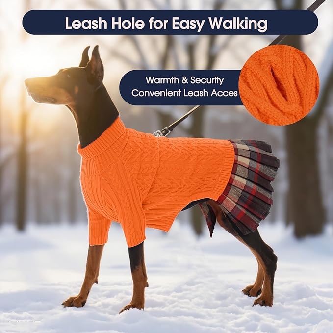 IECOii Girl Dog Sweater Dress, Great Dane Sweaters for Girl Dogs, Orange, 5XL, Extra Large Dog Sweater for Female Dogs Pet Winter Dress for Giant Breeds - Xmas Turtleneck Knitwear for Cold Weather