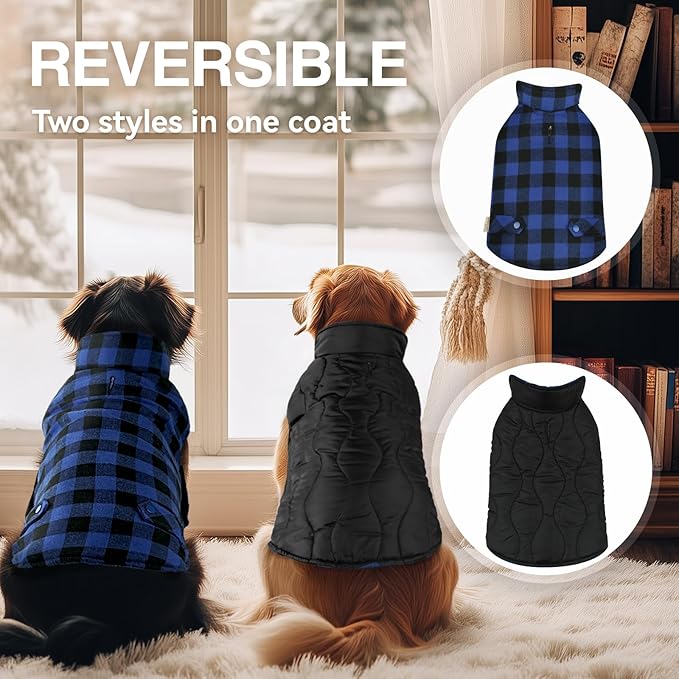 VIVAGLORY Softjoy Dog Coat, Dog Jacket for Winter & Christmas, Coat with Harness Hole & Velcro Closure, Reversible Plaid Checkered Warm Fluffy Heavy Duty for Puppy, S, Sapphire Blue Plaid
