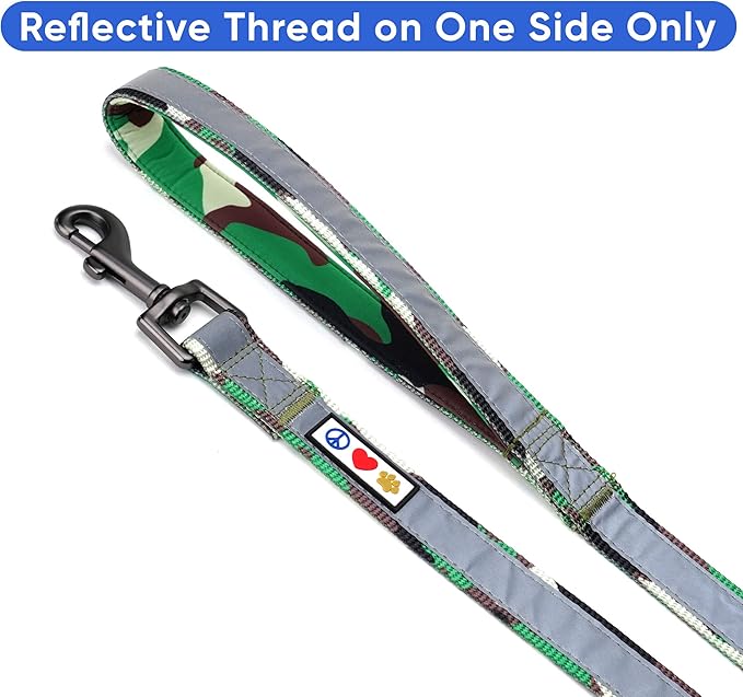 Pawtitas 6 FT Padded Dog Leash with Comfortable Neoprene Padding Handle - Camo Green Lead | Small Reflective Dog Leash with Highly Reflective Band Perfect for Extra Small and Small Dogs and Puppies.