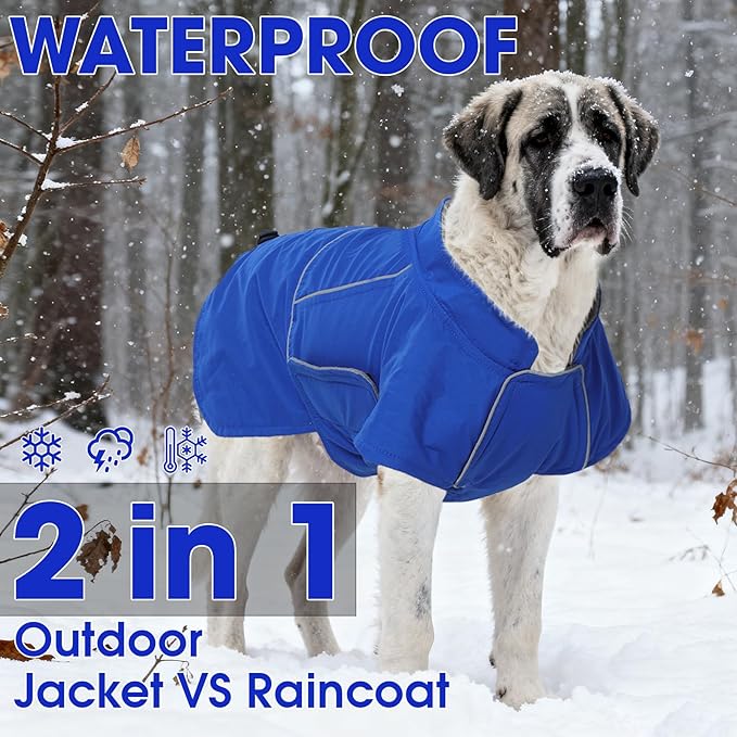ROZKITCH Raincoat Jacket for Dogs, Waterproof Windproof Dog Rain Jacket with Fleece Liner and Leash Hole Reflective Strip for Medium Large Dog, Adjustable Poncho Vest for Outdoor Hiking Travel Blue L