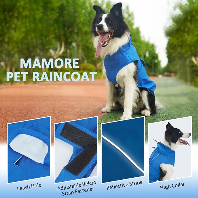 Waterproof Dog Raincoat, Adjustable Lightweight Dog Rain Jacket with Reflective Strip Leash Hole for Small Medium Large Dogs (Blue, X-Large(37-55lb))