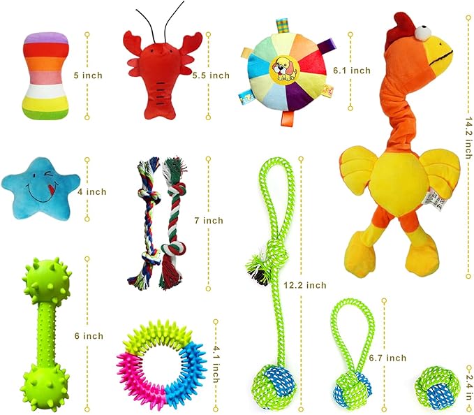12 Piece Dog Toy Set, Rope Toys, Ball, Plush Toys, Bones and More Squeaky Dog Toys, Indoor/Outdoor Puppy Toys, Training