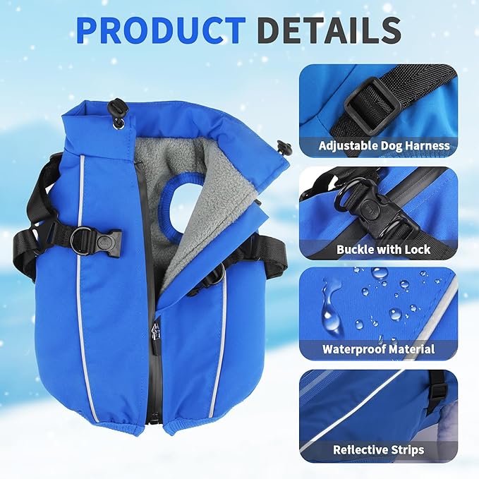 Dog Winter Coat Reflective Water-Resistant Jacket, Fleece Lined Windproof Puppy Coat with Back Zipper & D-Ring, Cold Weather Dog Coats for Small Medium Large Dogs （XXL,Blue）