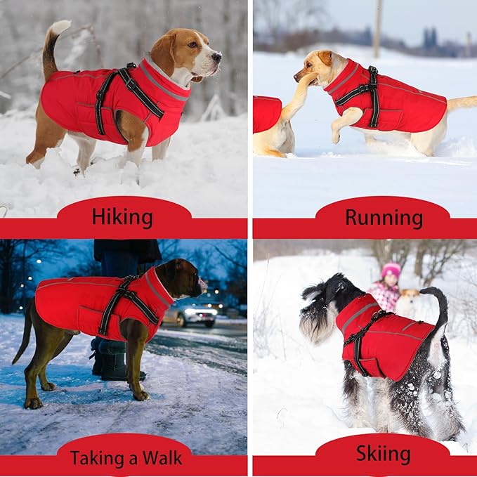 Doglay 2 in 1 Dog Coat with Harness Built-in, Waterproof Dog Winter Jacket with Pocket & Poop Bags, Reflective Adjustable Pet Winter Coat for Small, Medium, Large Dogs