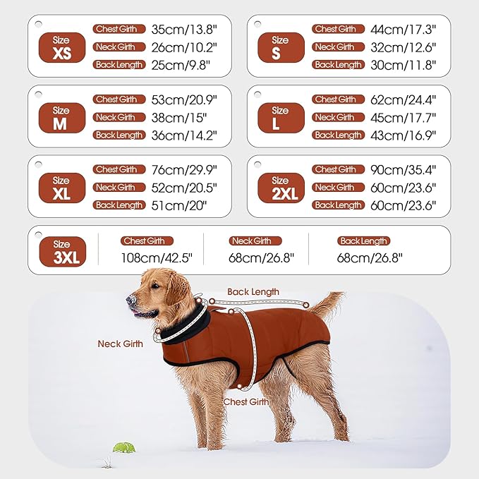 IDOMIK Dog Winter Coat, Warm Waterproof Dog Puffer Jacket with Harness Hole, Adjustable Reflective Snow Jacket Vest with Turtleneck, Pet Cold Weather Coats for Large Dogs,Caramel,XL