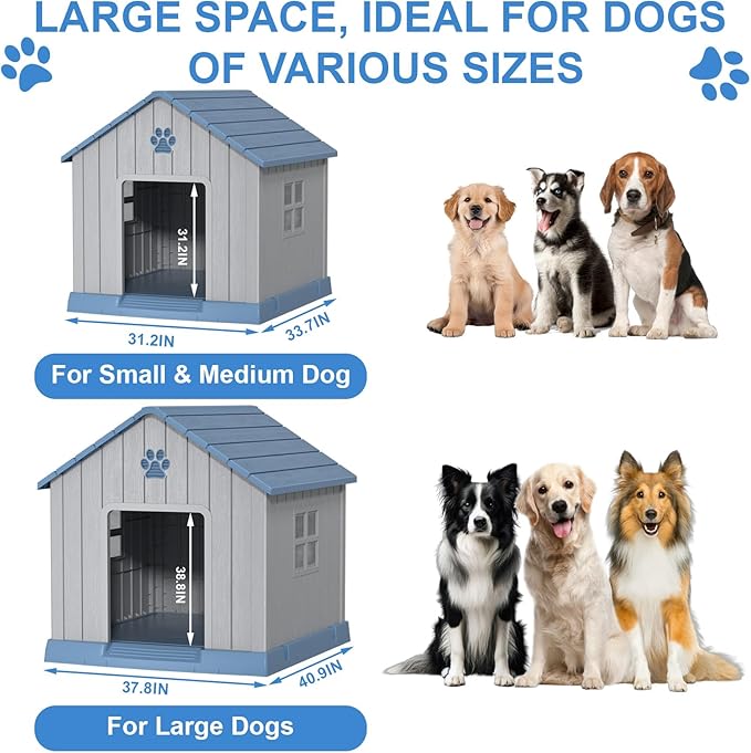 31'' Dog House Outdoor Indoor, Durable Waterproof Plastic Kennel for Small to Large Dogs, Easy Assembly with Air Vents and Elevated Floor (31.2''L x 33.5''W x 32.5''H, Blue)