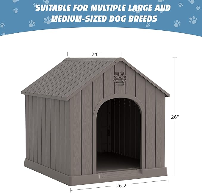 Dog House Outdoor Indoor, Weatherproof Insulated Dog House with Elevated Floor and Air Vents for Small to Medium Dogs,Easy Clean and Assemble (Grey1, 26.18''L × 24.02''W × 25.98''H)