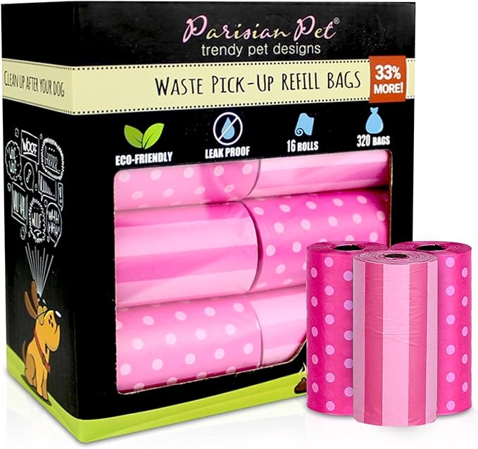 Parisian Pet Ecofriendly Dog Poop Bags Rolls - 320 Count Unscented Poop Bags For Dogs - Leakproof, Extra Thick, 16 Dog Waste Bags Refill Rolls - Stripes Dots Pink Doggie Poop Bags