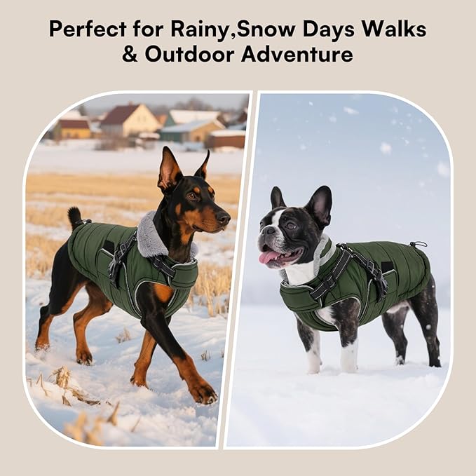 Queenmore Dog Coats for Large Dogs Winter Waterproof with Harness Built-in, Pet Puffer Warm Jacket with Harness for Snow/Cold Weather for Large Breed - Fleece Lining Easy-on Reflective, Green L