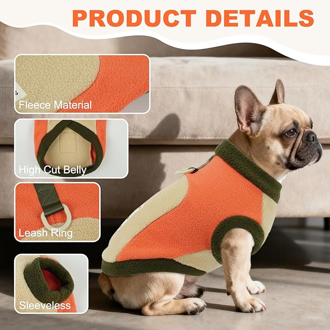 Soft Fleece Dog Vest, Winter Warm Dog Sweaters with Leash Ring, Sleeveless & Lightweight & Stretch Winter Coats for Outdoor Activities,Machine Washable,Orange,Size M