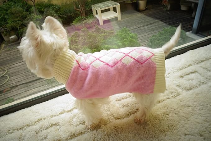 Argyle Dog Sweaters for Small Dogs, Knit Turtleneck Girl Dog Cats Sweater Clothes, Small (S) Size Pink
