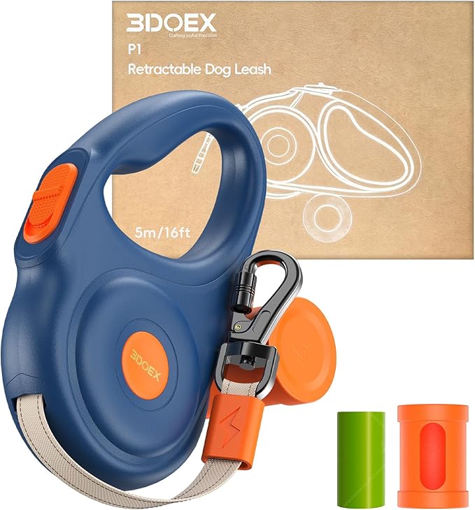 Retractable Dog Leash for Small and Medium Dogs 16 ft, Heavy Duty Nylon Rope with Poop Bag Dispenser, Impact Proof Carabiner, Anti-Slip Handle (Blue, 16FT)