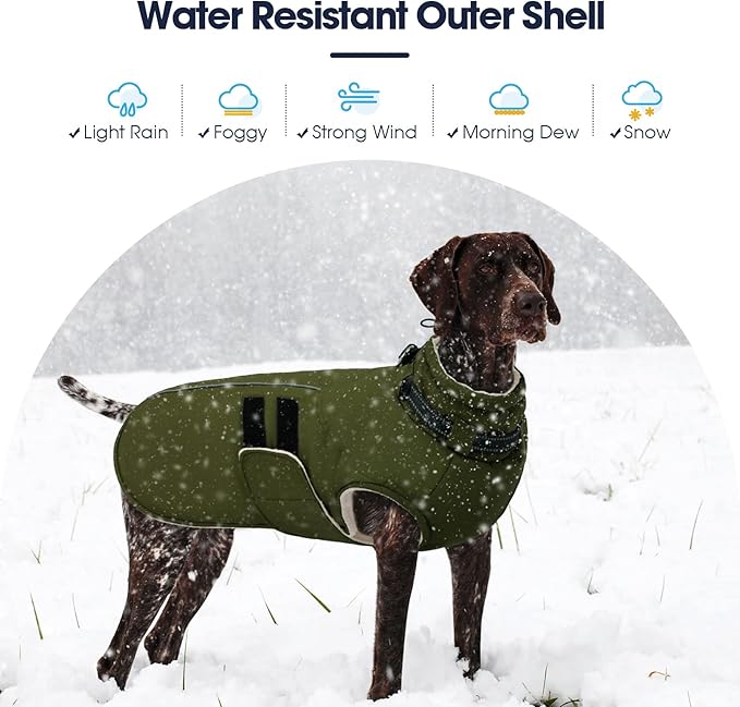 IECOii Small Dog Coat, Waterproof Dog Snow Jacket with Built in Collar, Thermal Fleece Lined for Cold Weather, Safety Reflective Dogs Winter Coat for Nighttime Walks, Easy On/Off, Army Green - M