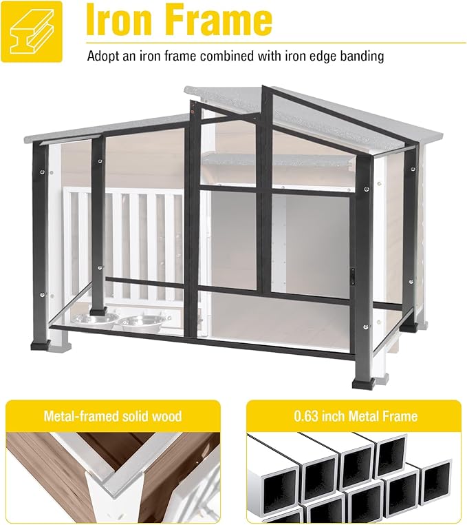 Chew-Resistant Dog House with Metal Frame, Wooden Kennel for Indoor & Outdoor Use, Waterproof Roof & Feeding Bowls Included (Brown, L-in)