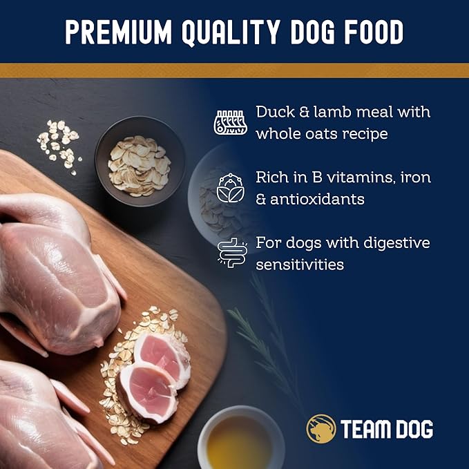 Team Dog Essential Blend Duck & Lamb Dog Food with Whole Oats | Sensitive Stomach Dog Food | Gluten Free, GMO Free, No Corn, Wheat or Soy | All Life Stage Formula (33 lb)