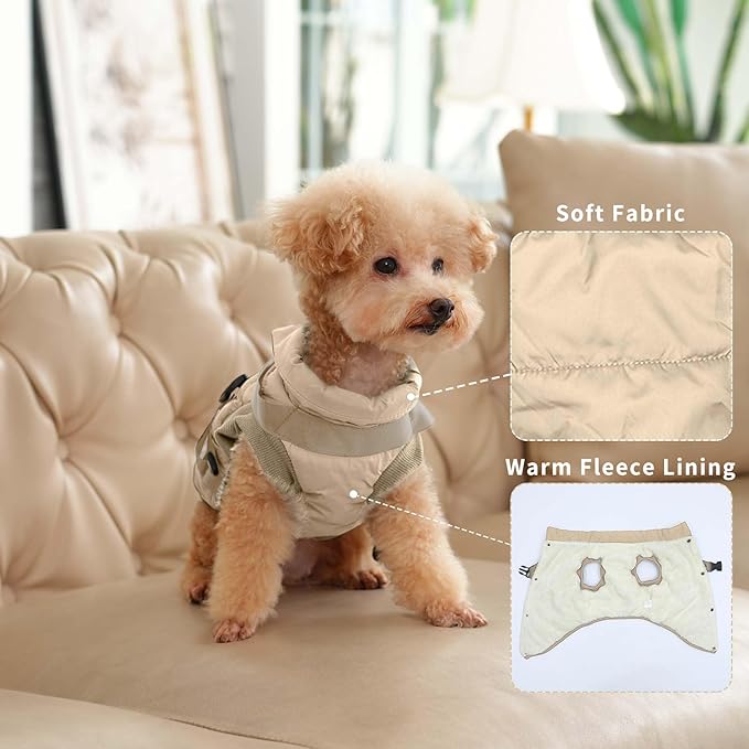 Dog Jacket with Harness,Fleece Lined Warm Puppy Coat for Winter,Soft Windproof Medium Dog Vest,Khaki L