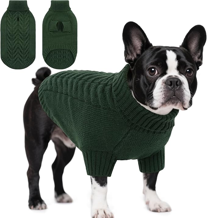 Dog Sweaters for Medium Dogs Classic Turtleneck Dog Christmas Sweater Thick Warm Pullover Male Puppy Pet Stretch Knitwear Fall Winter Clothes with Leash Hole(Green, M)