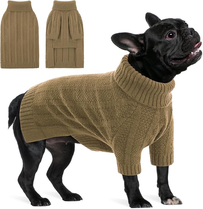 Queenmore Dog Sweaters for Medium Dogs Girls Boys,Soft Dog Sweater Christmas,Turtleneck Pullover Pet Sweaters Knitwear Outfit for Holiday,Knitted Soft Thick Warm Sweater for Bulldog,Dachshund(Camel,M)
