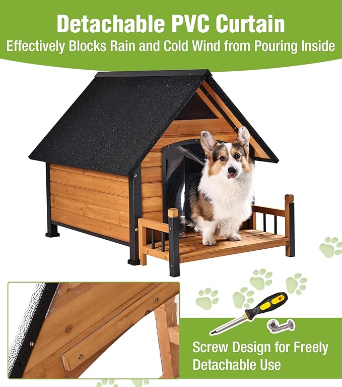 GUTINNEEN Heated Dog House Outdoor for Winter with Anti-Bite Design, Dog Kennel with Heating Blanket, Asphalt Roof, for Small to Medium Dogs - Brown
