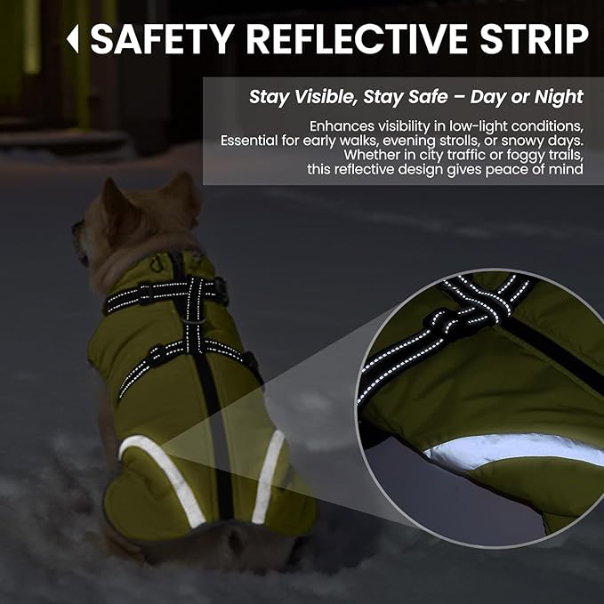 QBLEEV Dog Coat for Medium Dogs, Waterproof Dog Winter Coat with Built-in Harness and D-Ring, Zip Up Pet Cold Weather Coats with Fleece Lined, Warm Snowsuit Gear Vest for Pug Boston Terrier, Green, M