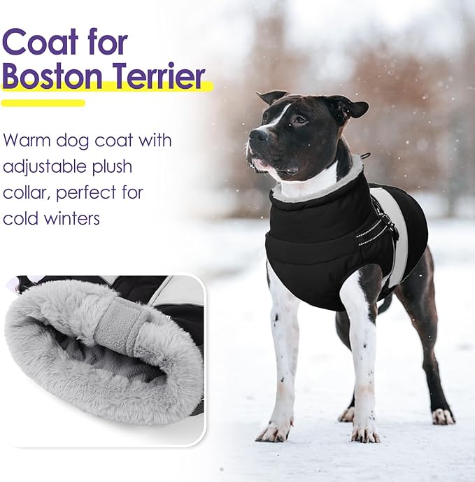 SUNFURA Dog Winter Coat, Waterproof Dog Coat Jacket with Harness for Medium Dogs Boys Girls, Reflective Fleece Lined Pet Snow Jacket Sweaters for Pug, Jack Russel, Boston Terrier, Black M