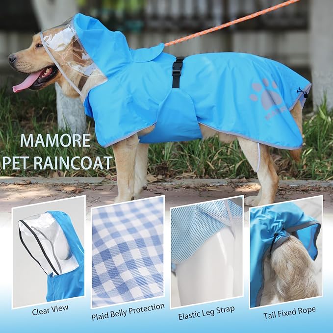 Waterproof Dog Raincoat, Reflective Adjustable Hooded Dog Rain Coat, Lightweight Breathable Pet Rain Jacket Poncho Double Layer with Leash Hole for Small Medium Large Dogs (Blue, XX-Large)