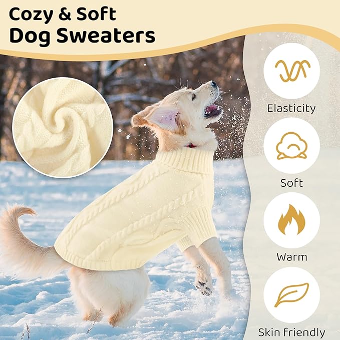 Queenmore Small Dog Pullover Sweater, Cold Weather Cable Knitwear, Classic Turtleneck Thick Warm Clothes for Chihuahua, Bulldog, Dachshund, Pug (White, Small)