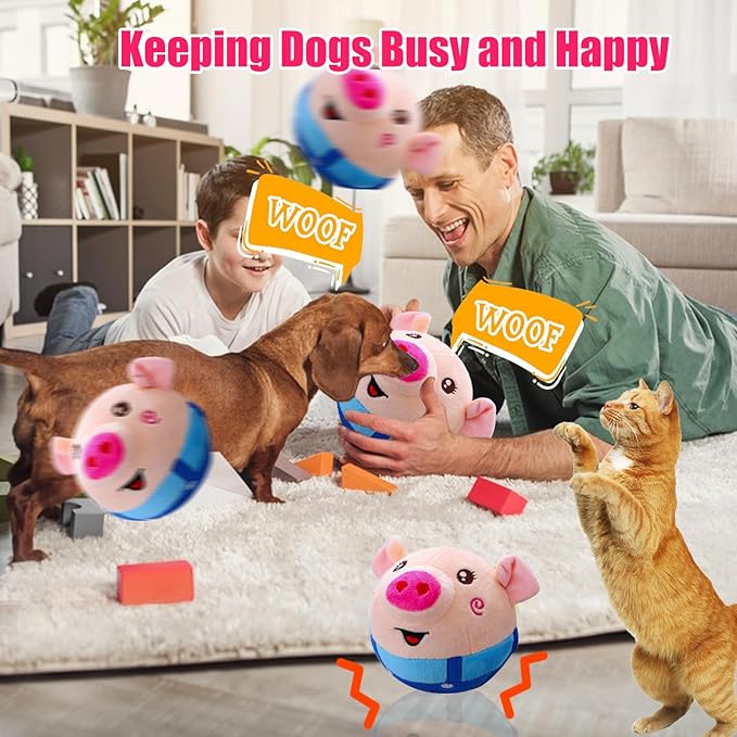 Interactive Dog Ball - Self Moving Plush Pet Toy with Music & Remote Control - Keeps Small/Medium/Large Dogs Busy (Blue Pig)