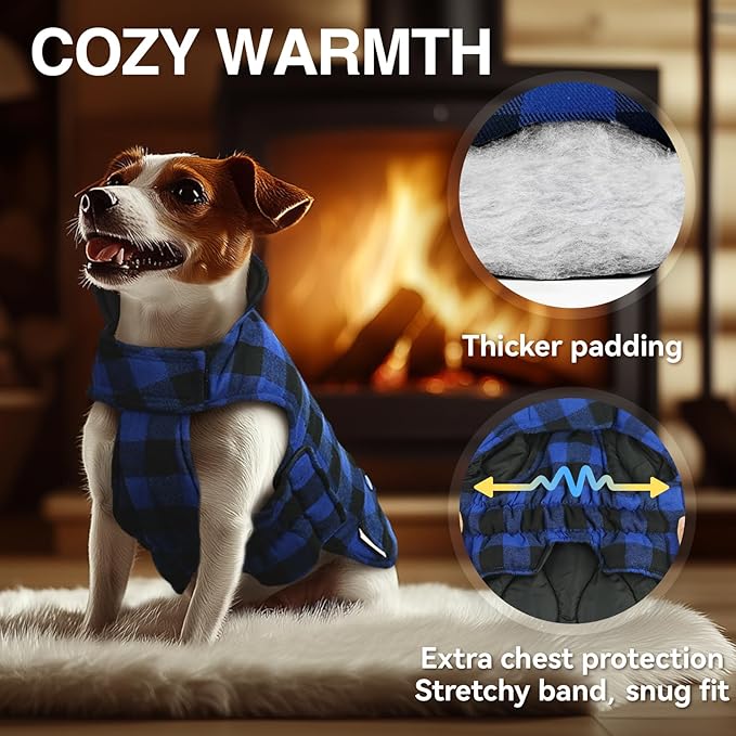 VIVAGLORY Softjoy Dog Coat, Dog Jacket for Winter & Christmas, Coat with Harness Hole & Velcro Closure, Reversible Plaid Checkered Warm Fluffy Heavy Duty for Puppy, L, Sapphire Blue Plaid