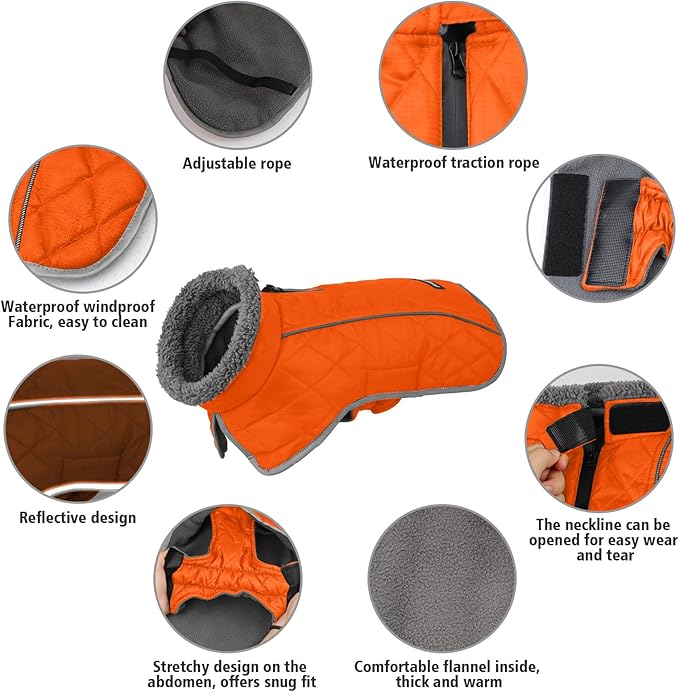 Fragralley Dog Coat Small, Waterproof Dog Jacket with Warm Fleece Lining, Adjustable Reflective Dogs Winter Coat, Turtleneck Pet Coats for Cold Weather (Orange S)