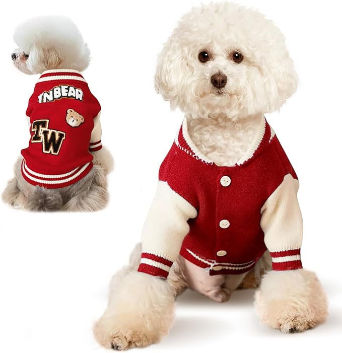 Small Dog Sweater Sweatshirt Cute Puppy Sweaters - Winter Red Warm Knitted Bear Design for Puppies(L)