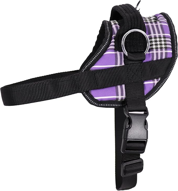 Bark Appeal Purple Plaid No-Pull Dog Harness for Large to Extra Large Sized Pets – Adjustable, Reflective Vest with 3 Leash Clips for Added Control, Easy Walks & Training – XL