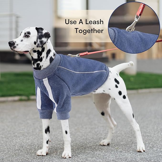 Queenmore Fleece Dog Sweater for Male Dogs, Soft Pullover Dog Sweatshirt with Leash Hole/Reflective Stripes – Cozy Winter Fleece Jacket for Small Medium Large Boy Puppy, Blue XXL