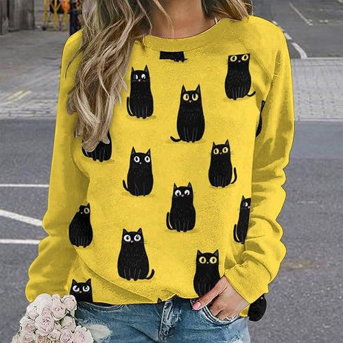 Abstract Cute Cat Shirts for Women Long Sleeve Lady Crewneck Pullover Sweatshirt Fall Winter Oversized Tops