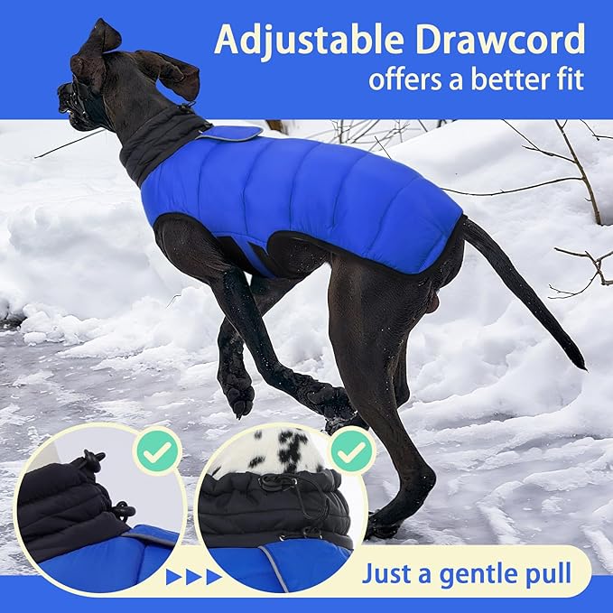 MIGOHI Lightweight Dog Coat, Windproof Dog Jacket, Puffer Jacket for Large Dogs, Padded Vest with Reflective Strips, Warm Snow Vest in Cold Weather, Easy On Hook & Loop Belly, Blue, 3XL
