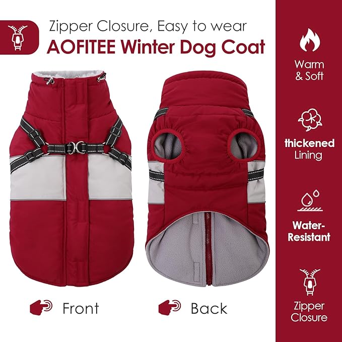 AOFITEE Dog Coat, Warm Dog Jacket with Harness Built in, Waterproof Coats for Small Dogs, Dogs Winter Coat Puffer Jacket with Zipper & Fleece Collar, Pet Snowsuit Sweater for Chihuahua Yorkshire, XS