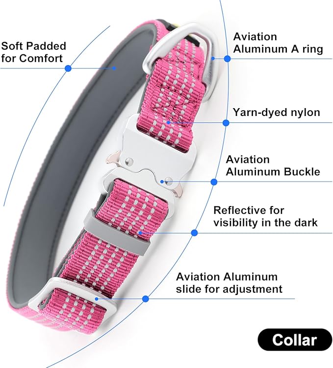 Plutus Pet Reflective Dog Collar with Aviation Aluminum Buckle, Neoprene Padded for Comfort, Lightweight, Heavy Duty Nylon Collar for Puppy Small Medium Large Dogs (Pink, S)