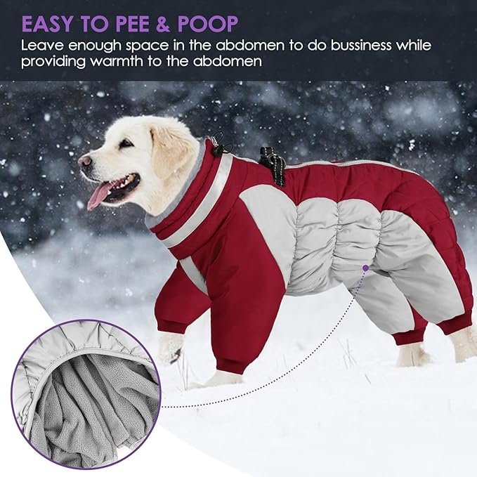 SUNFURA Full Body Dog Coat - Warm Fleece Jacket for Small Dogs, Turtleneck Winter Coats with Harness, Reflective Dog Snowsuit Windproof Puffer Jackets with Legs for Pug, Jack Russel, Burgundy S