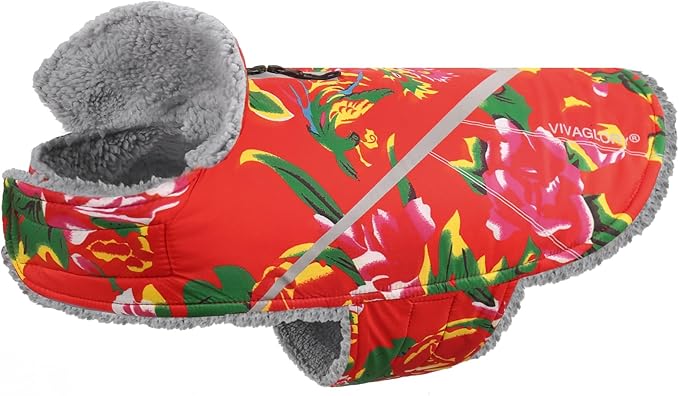 VIVAGLORY Snowrap Dog Coat, Jacket with Harness Hole & Velcro Closure, Dog Coat for Winter & Cold Weather, Fluffy Warm Fleece Lined Reflective Water Resistant for Puppy, XL, Northeast Florals-Red