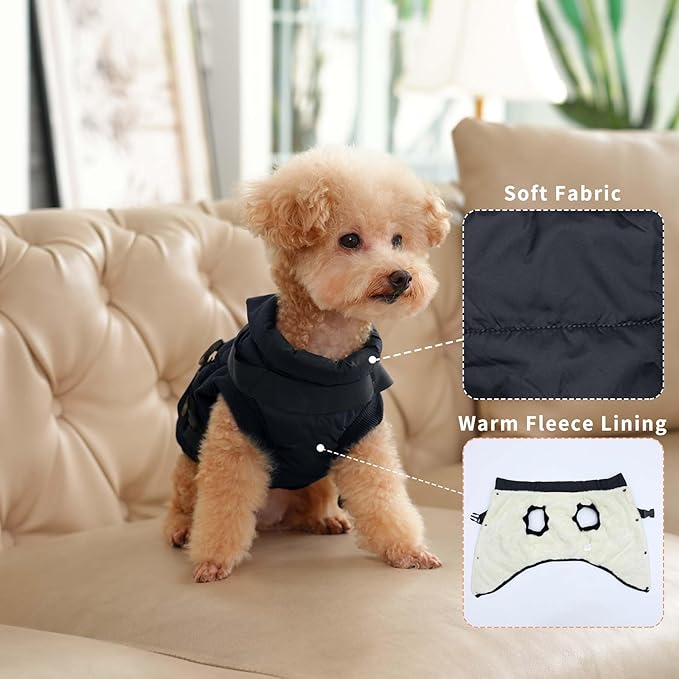 Dog Jacket with Harness,Fleece Lined Warm Puppy Coat for Winter,Soft Windproof Large Dog Vest,Black XXL