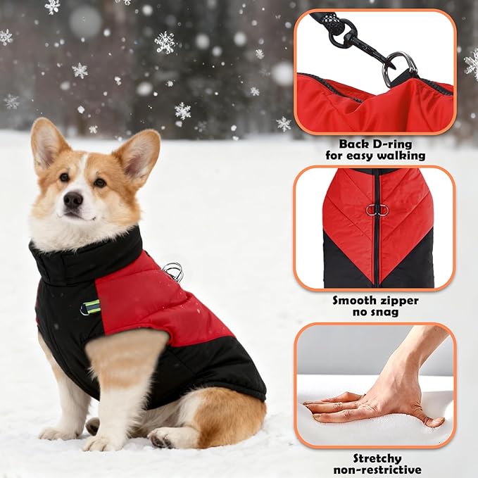 Fleece Lined Dog Coats Extra Warm Dog Winter Coat,Waterproof Dogs Jacket for Medium to Large Dogs,Cold Weather Winter Clothes Turtleneck Windproof Reflective Pet Vest (Red & Black, 3XL)