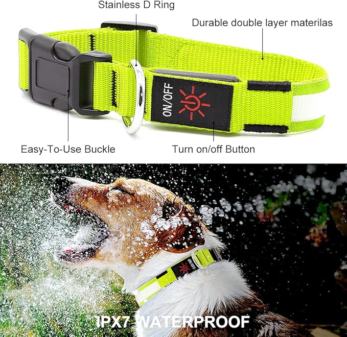 YFbrite Ultra Light Adjustable LED Dog Collar, Light up Dog Collars Rechargeable Glowing in The Dark Collars Visiblity & Safety for Small, Medium, Large Dogs (Green, Small)