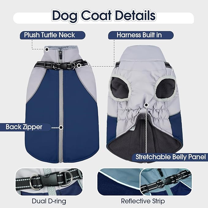 DENTRUN Dog Coat with Harness Built in, Easy On/Off Zipper Closure Winter Dog Vest, Water-Repellent Fleece Lined Warm Jacket with Reflective for Small Dogs, Dark Blue, XS