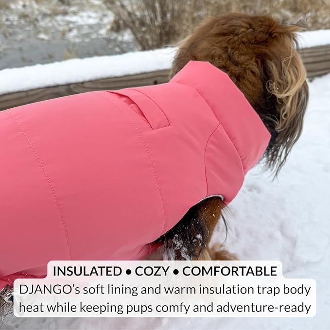 DJANGO Puffer Dog Coat – Warm Winter Dog Jacket & Water-Repellent Insulated Puffer Vest with Striped Lining, Harness Hole, Adjustable Fit for Small & Medium Dogs, Dachshunds – Rose Petal Pink, Small