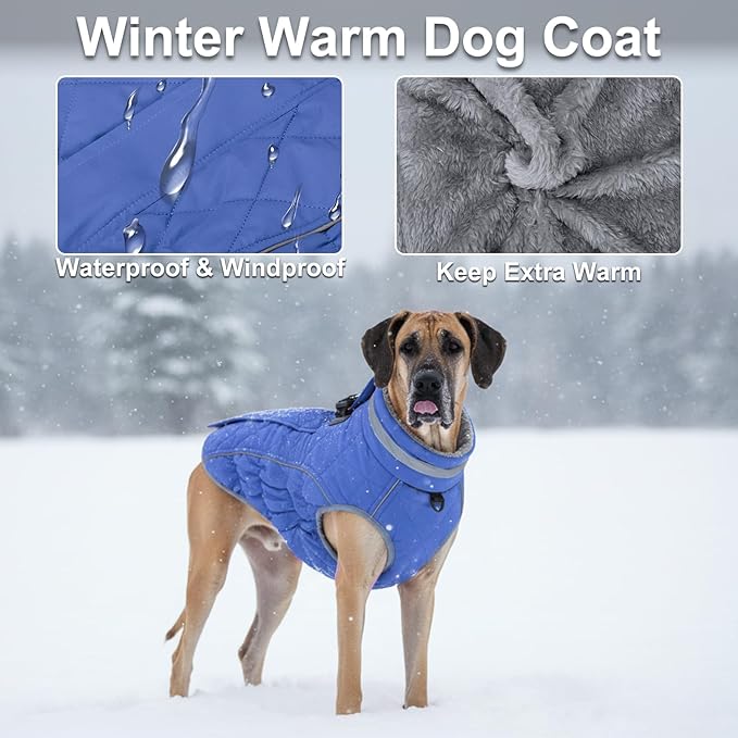 Dog Coat, Warm Dog Winter Coat for Large Dogs, Waterproof Jacket with Harness Built in, Reflective Turtleneck Cold Weather Coats with Zipper,Pet Fleece Vest Snow Jacket, Blue XXXL