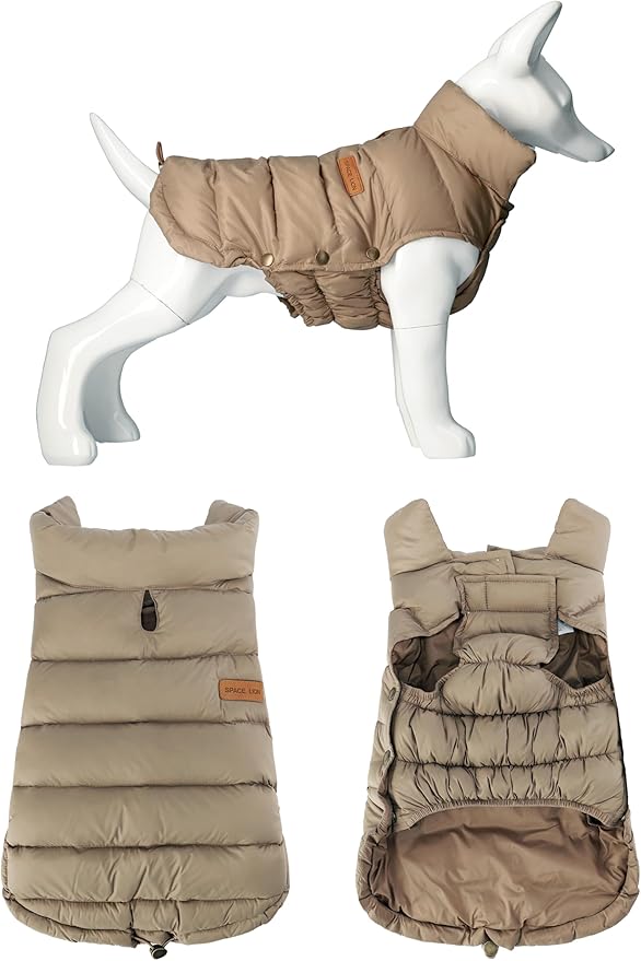 SPACE LION Dog Puffer Jacket, Down Winter Coat, Durable Outdoor Coat for Cold and Windy Conditions, Waterproof, Lightweight Jacket, Adjustable Fit for Small, Medium, Large Dogs(Camel,24/2XL)