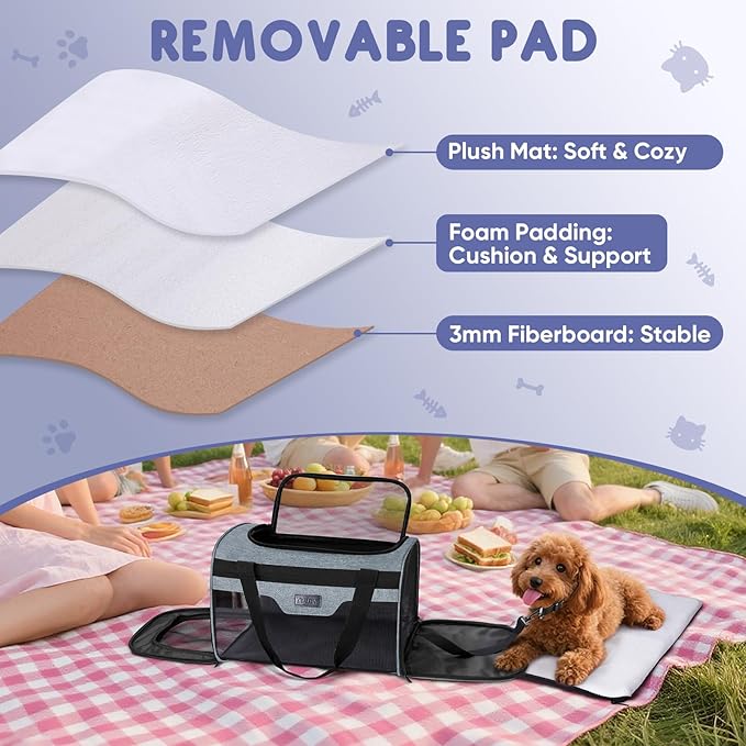 BALEINE Cat Carrier, Puppy Dog Carrier for Small Medium Pets Up to 15 Lbs, Soft-Sided Dog Travel Bag with Safety Zippers, Collapsible Pet Carrying Case (Gray, L, 17"x11"x11")
